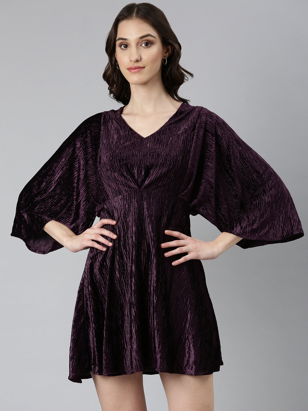 Women's Purple Self Design Flared Sleeves Velvet Fit & Flare Mini Dress