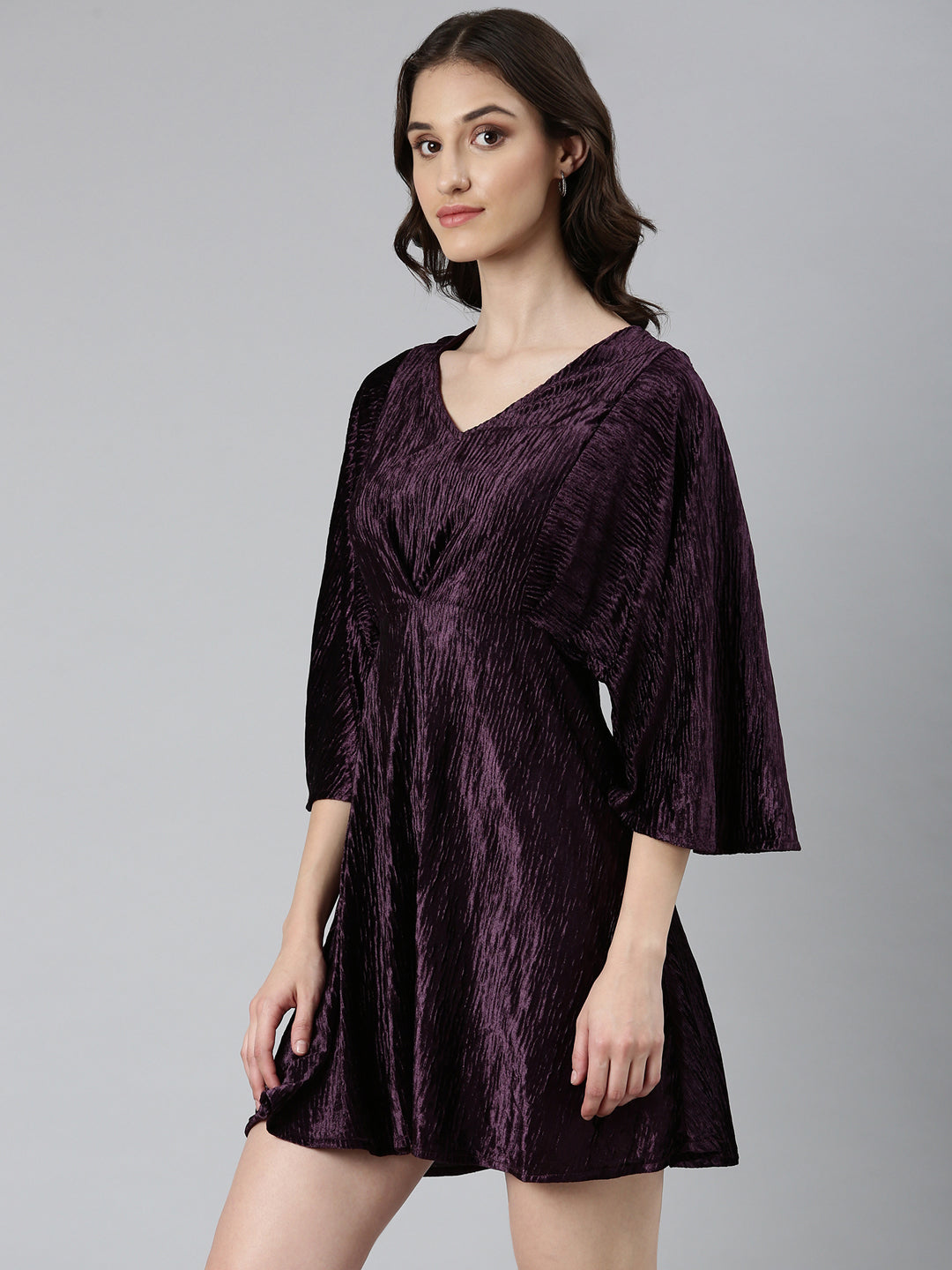Women's Purple Self Design Flared Sleeves Velvet Fit & Flare Mini Dress