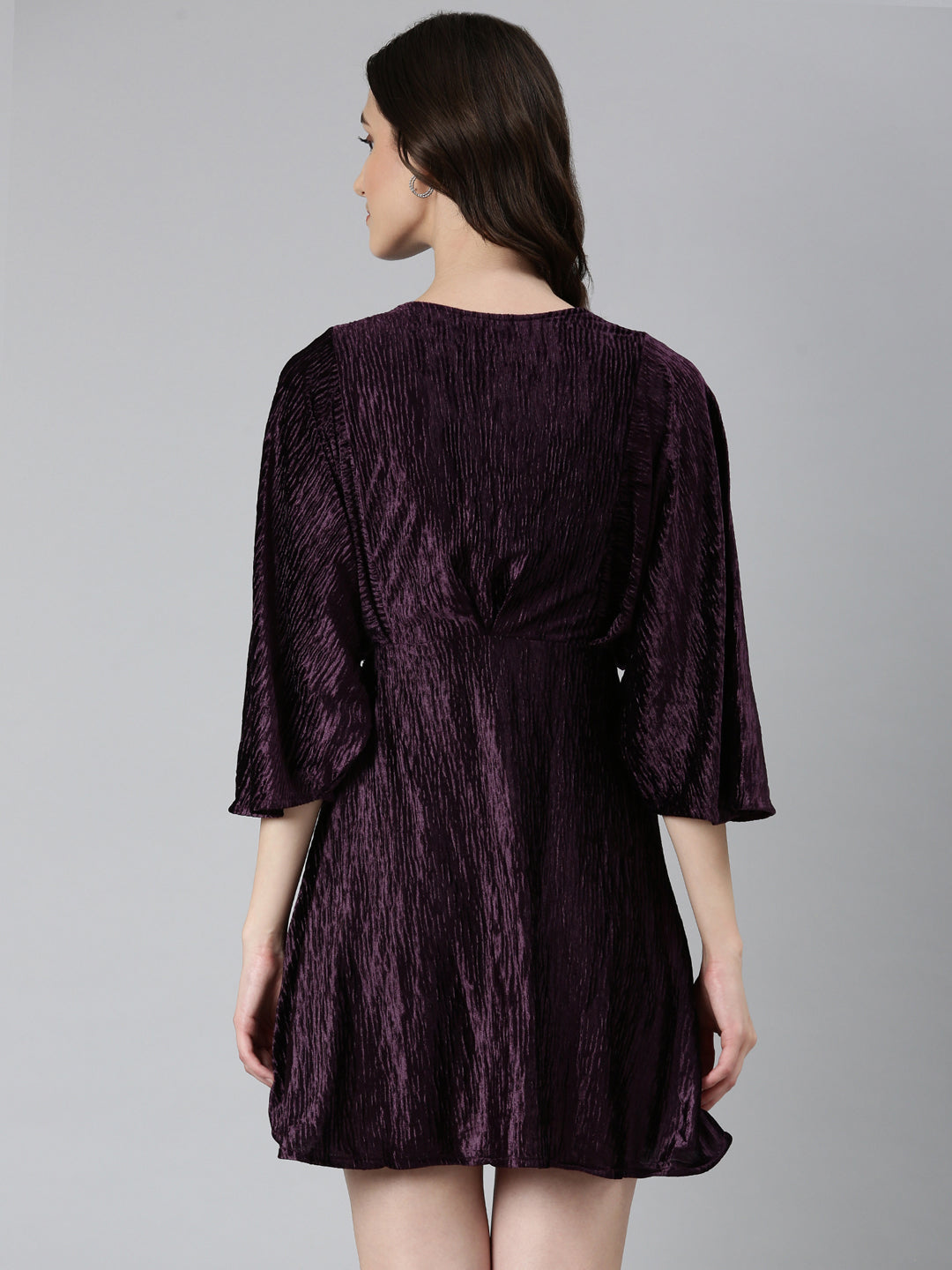 Women's Purple Self Design Flared Sleeves Velvet Fit & Flare Mini Dress