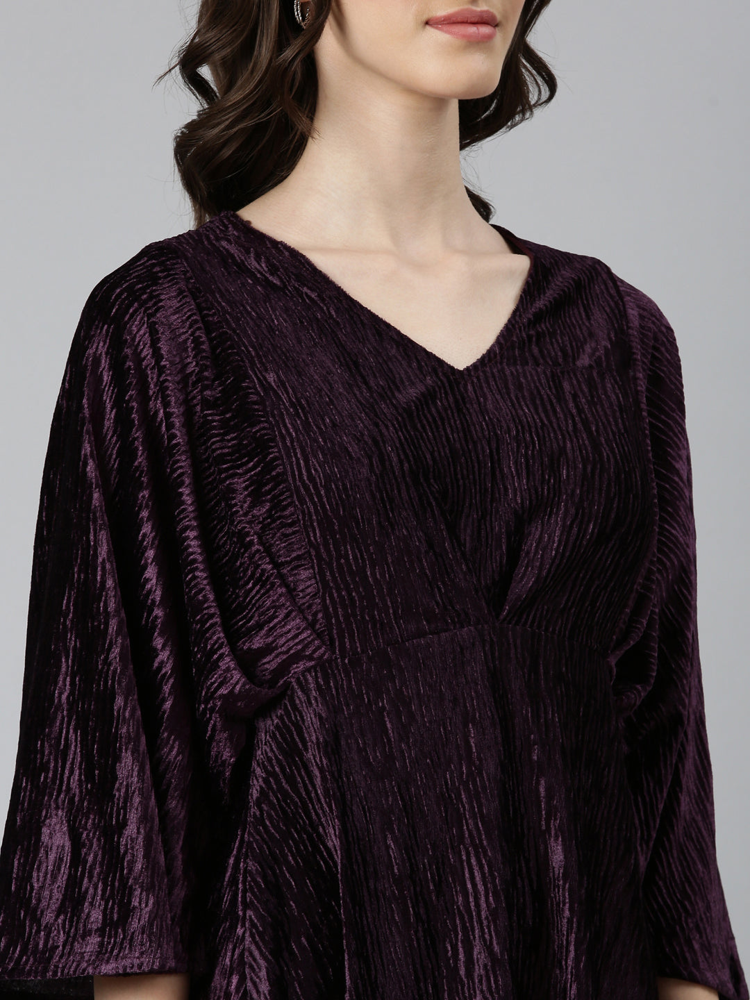 Women's Purple Self Design Flared Sleeves Velvet Fit & Flare Mini Dress