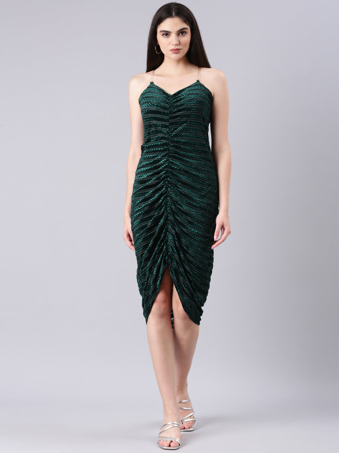 Women's Green Shoulder Strap Ruched Velvet Sheath Dress