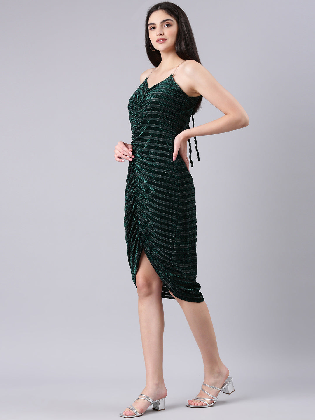 Women's Green Shoulder Strap Ruched Velvet Sheath Dress