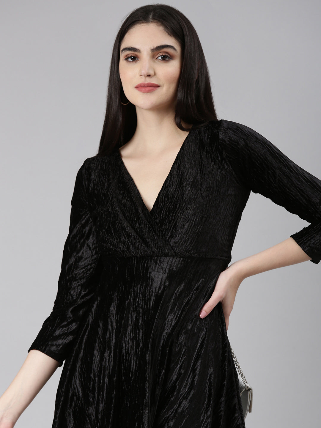 Women's Black Self Design V-Neck Velvet Wrap Mini Dress