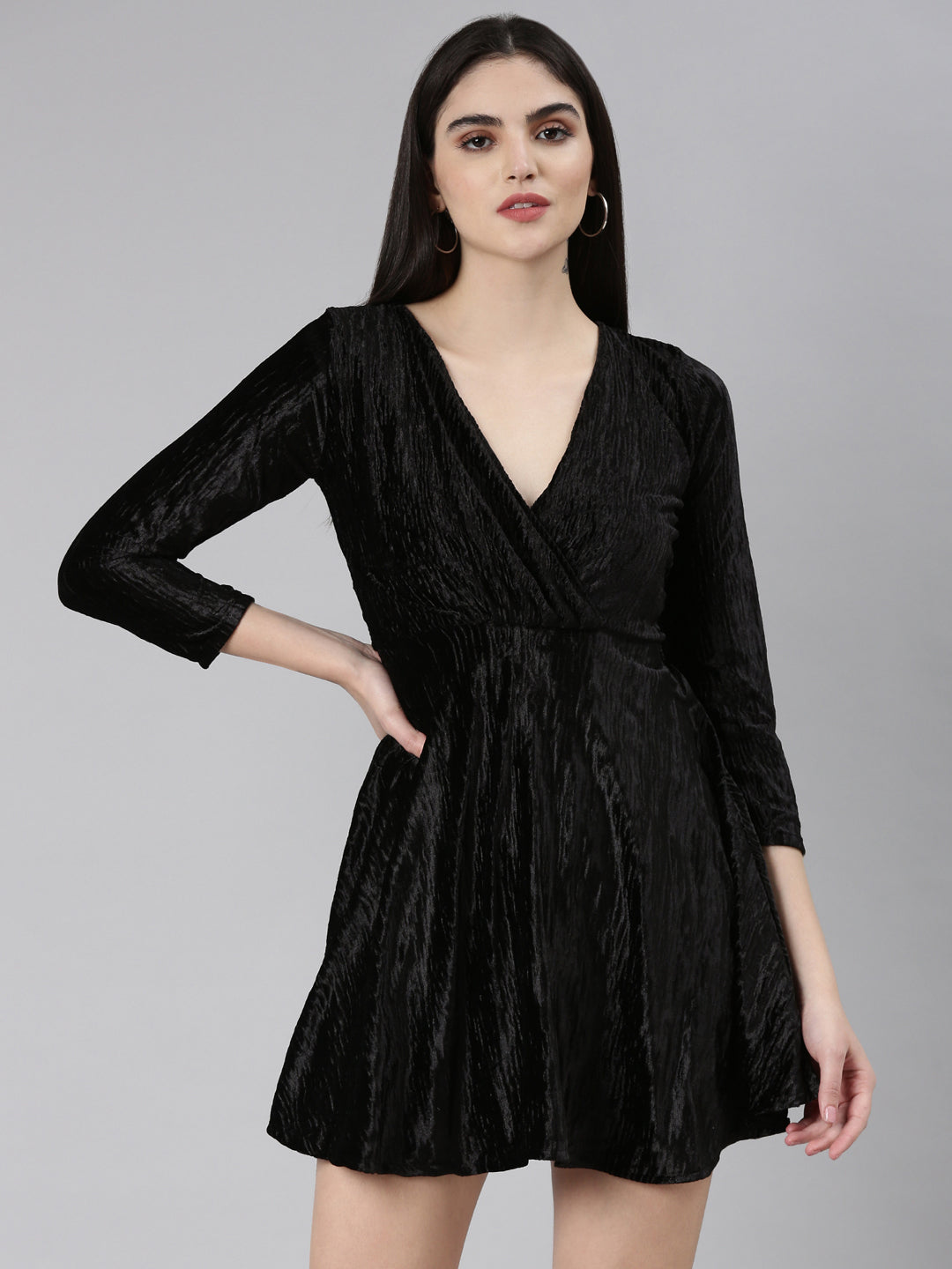 Women's Black Self Design V-Neck Velvet Wrap Mini Dress