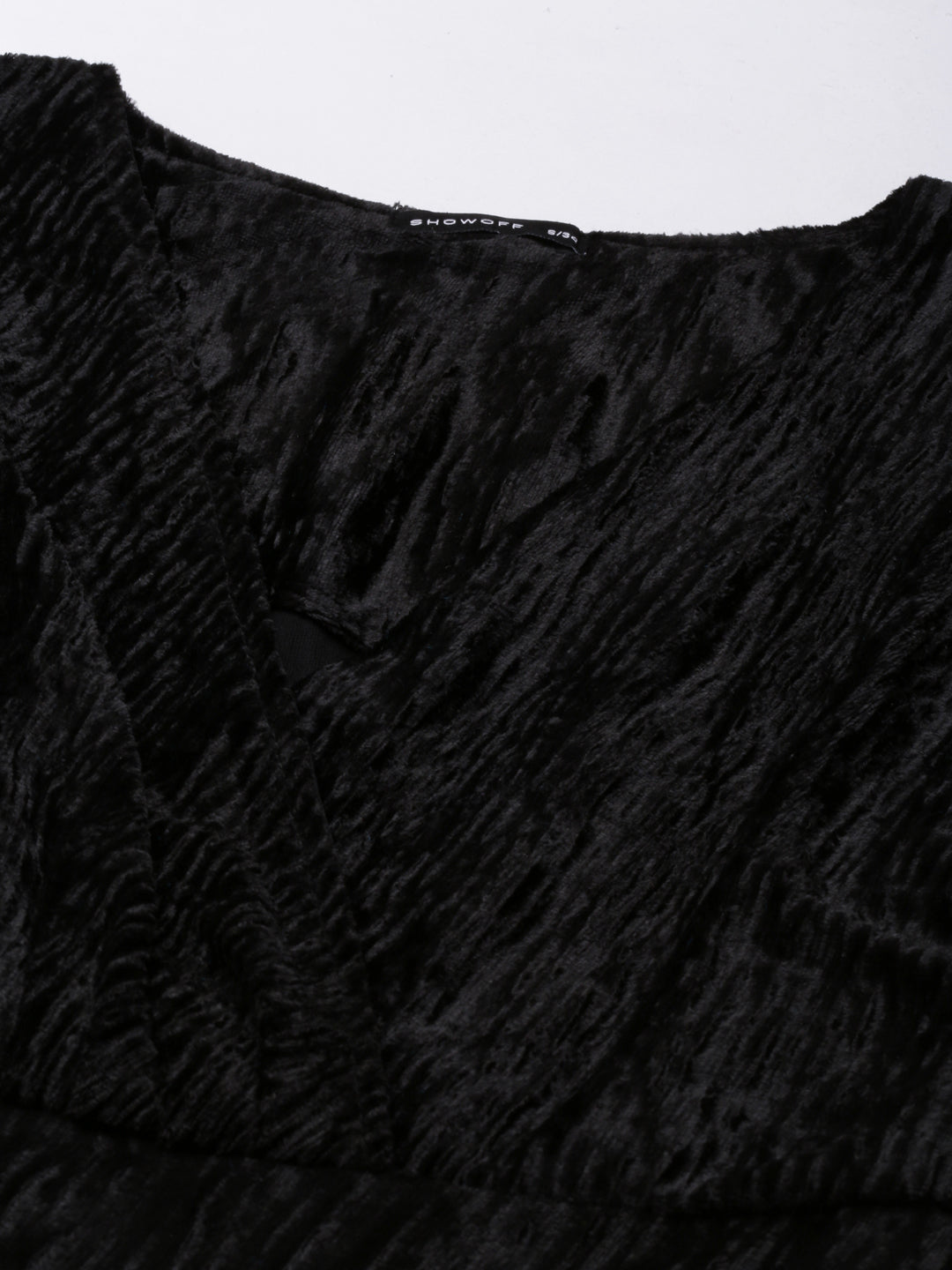 Women's Black Self Design V-Neck Velvet Wrap Mini Dress