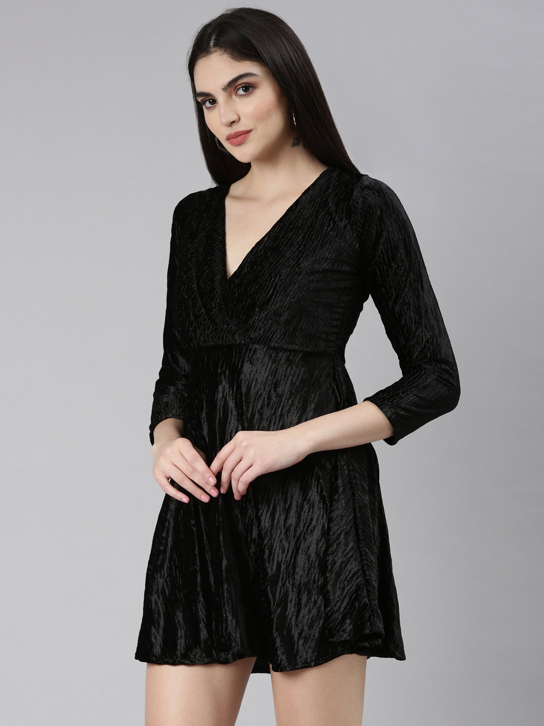 Women's Black Self Design V-Neck Velvet Wrap Mini Dress