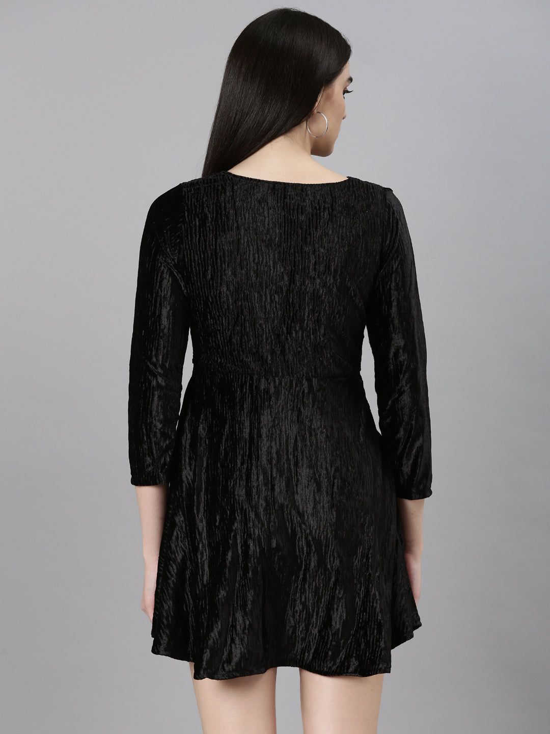 Women's Black Self Design V-Neck Velvet Wrap Mini Dress