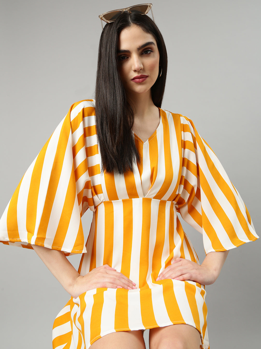 Women's Mustard Striped Flared Sleeve A-Line Dress