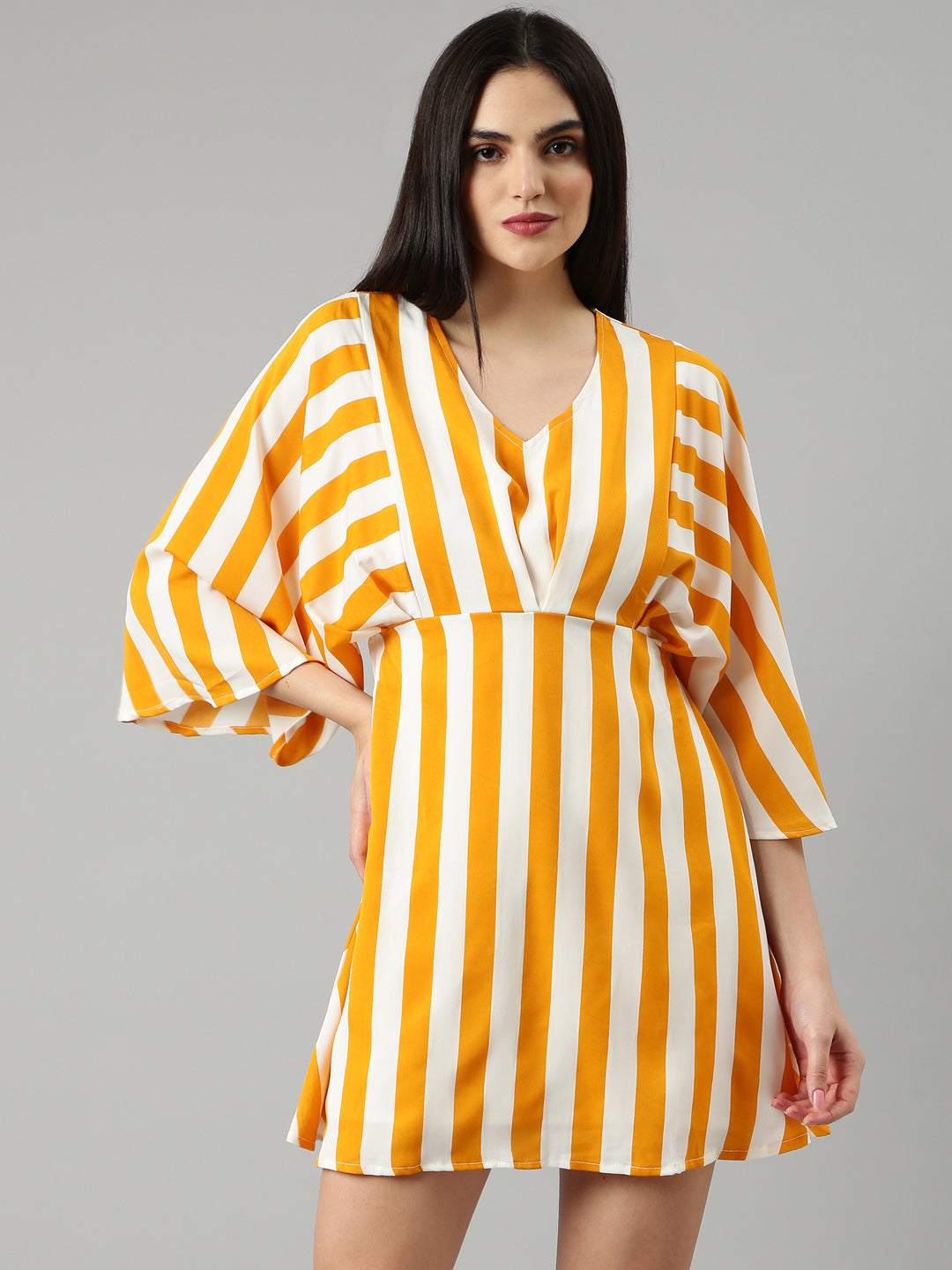 Women's Mustard Striped Flared Sleeve A-Line Dress