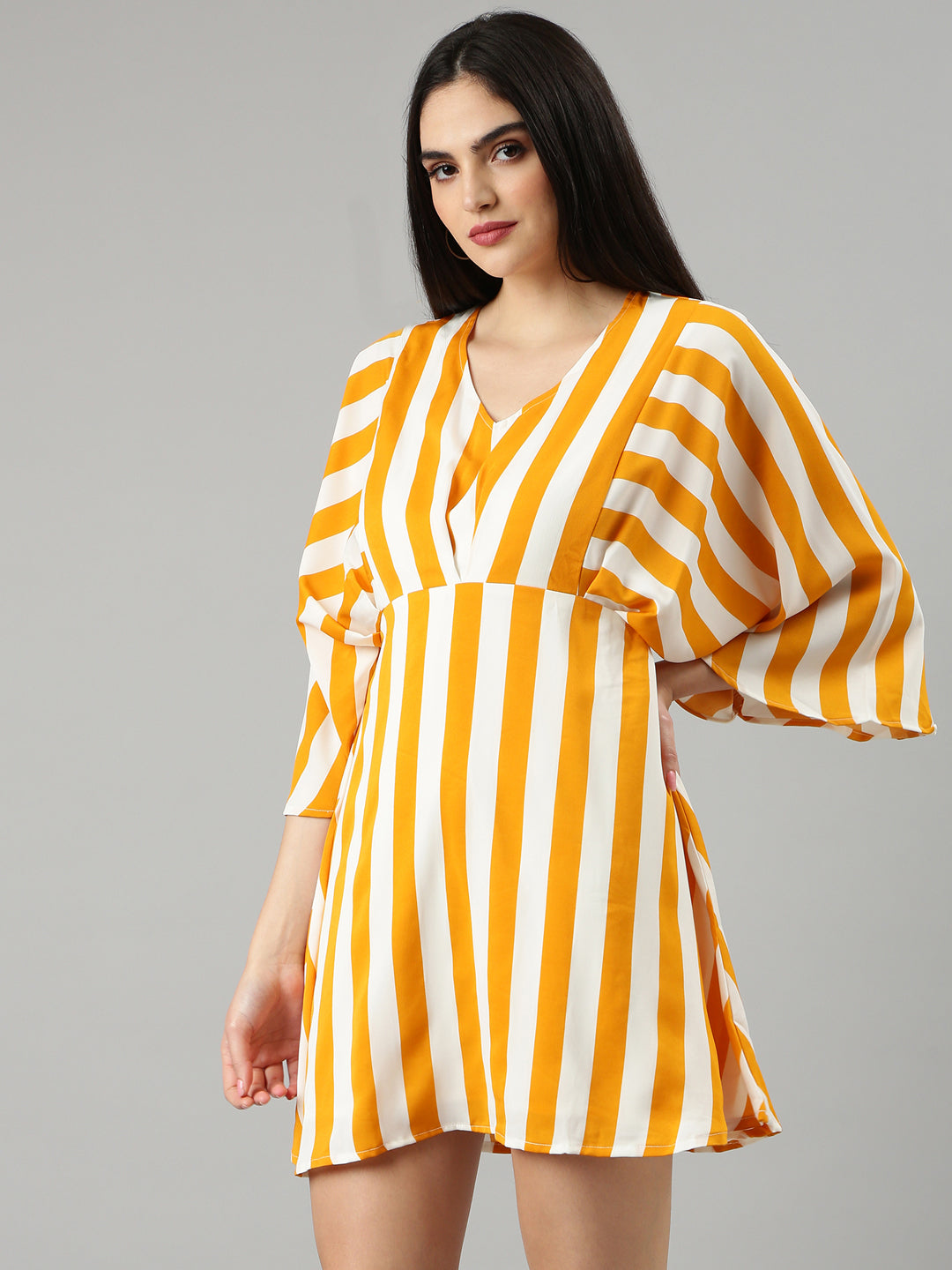 Women's Mustard Striped Flared Sleeve A-Line Dress