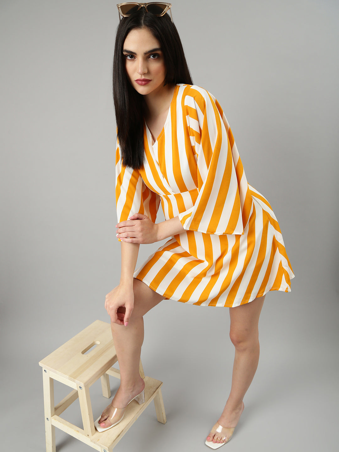 Women's Mustard Striped Flared Sleeve A-Line Dress