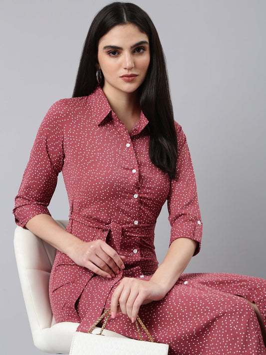 Women's Mauve Polka Dot Printed Shirt Cotton Midi Dress