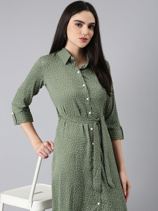Women's Olive Printed Shirt Midi Dress