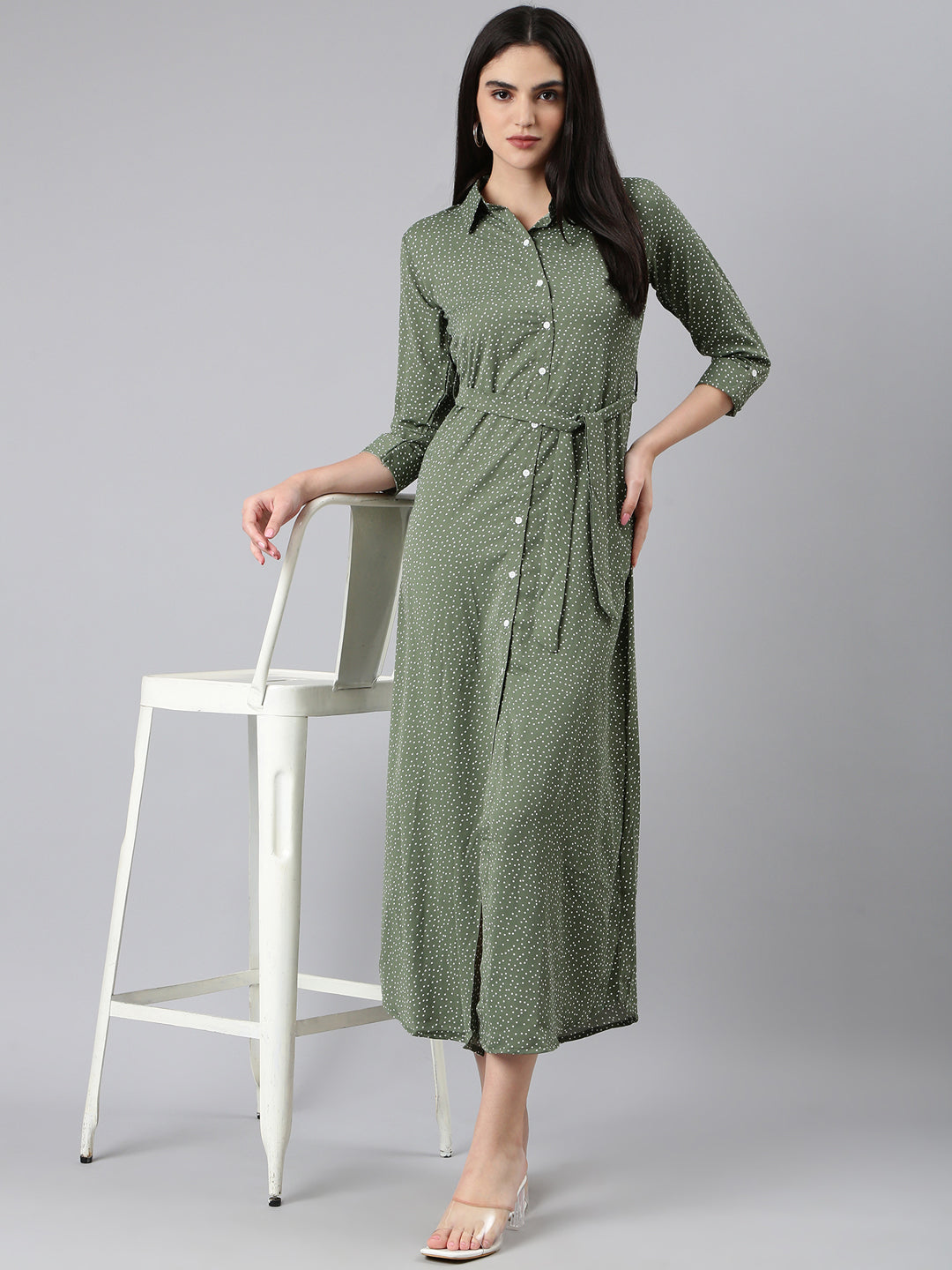 Women's Olive Printed Shirt Midi Dress