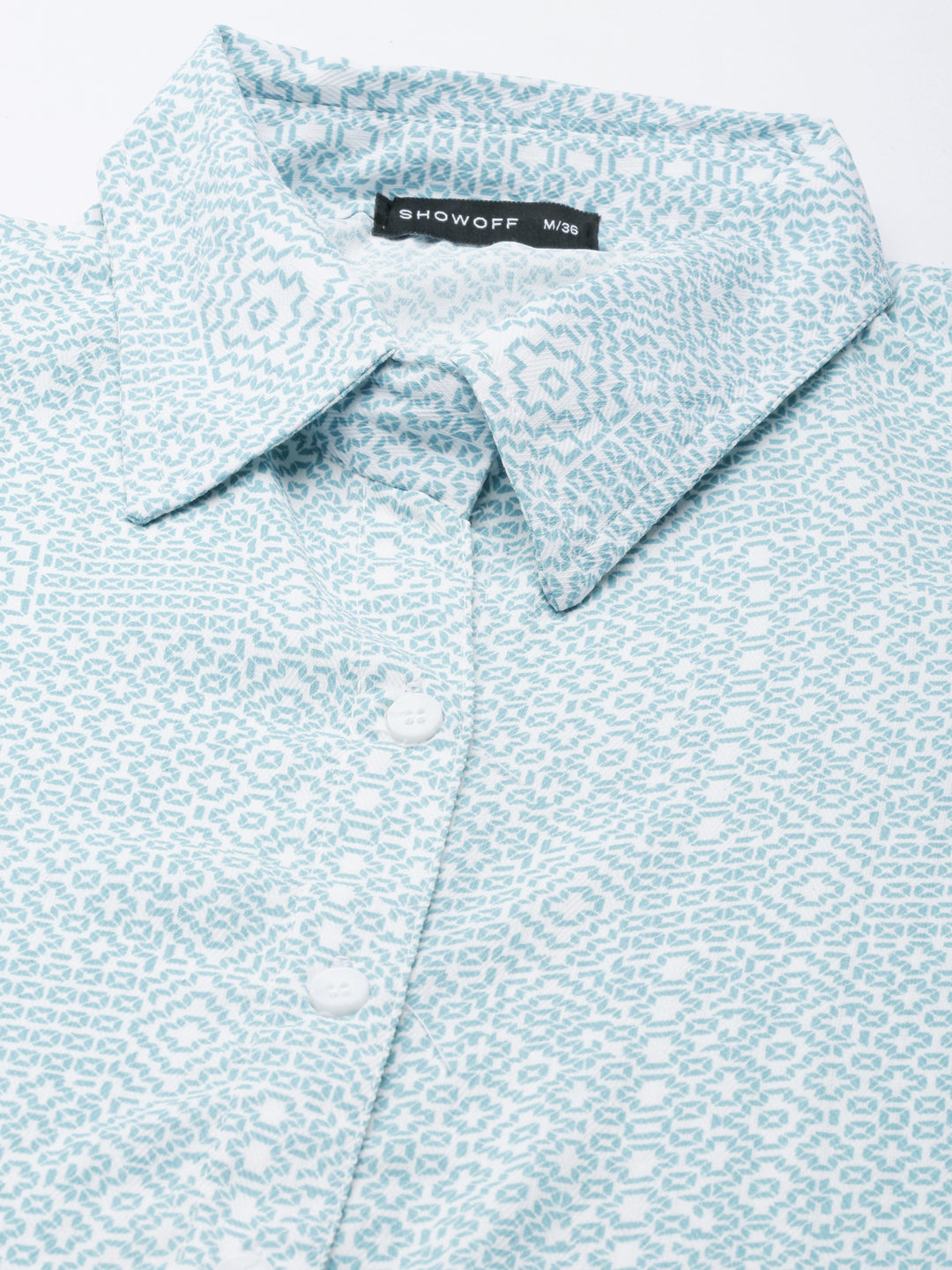 Women's White Geometric Printed Shirt Collar Roll-Up Sleeves Belted Midi Shirt Dress