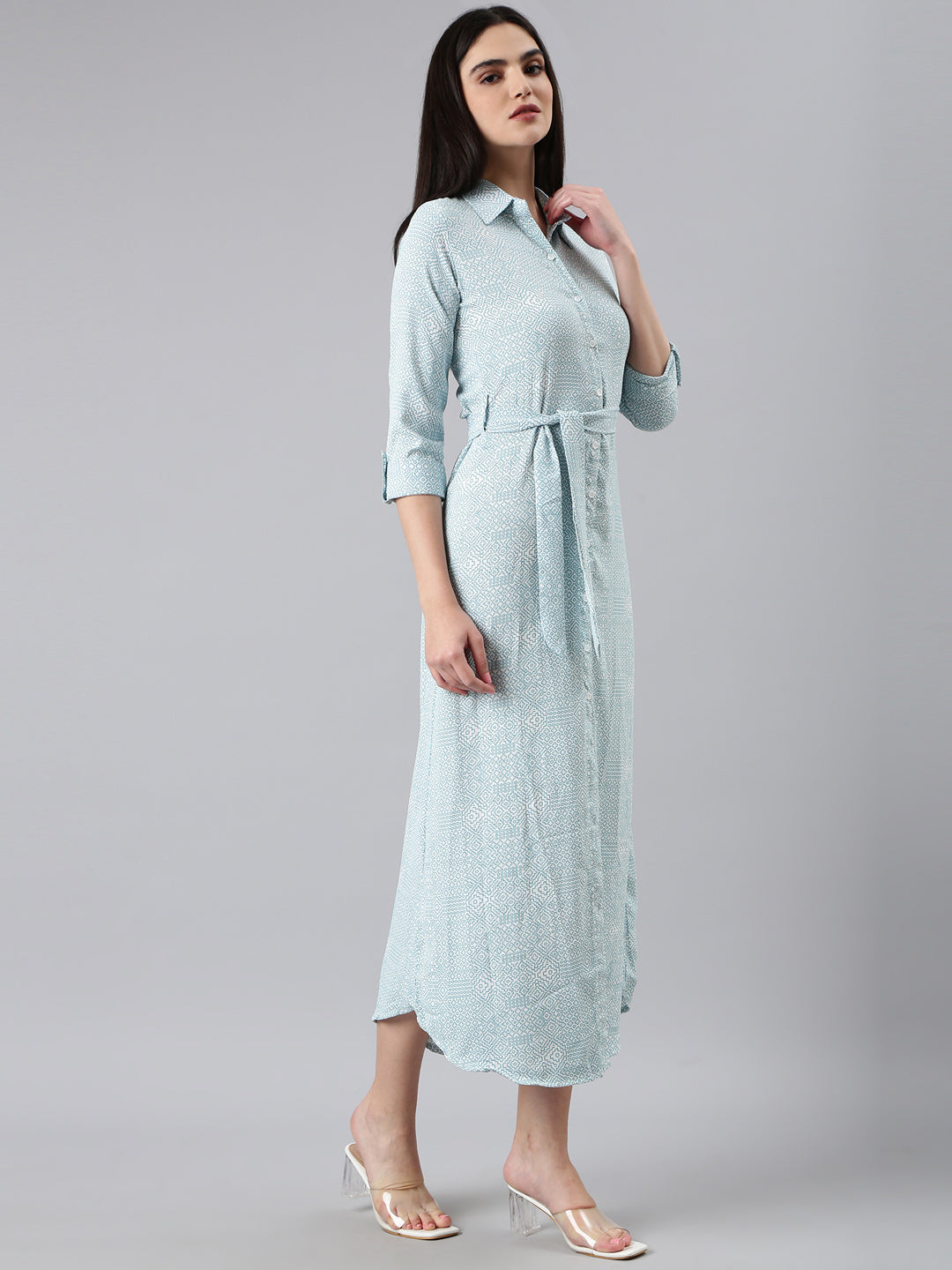 Women's White Geometric Printed Shirt Collar Roll-Up Sleeves Belted Midi Shirt Dress