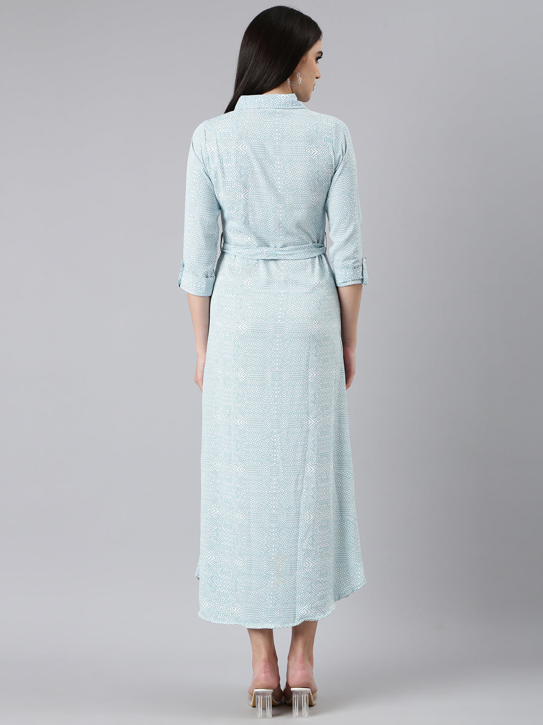 Women's White Geometric Printed Shirt Collar Roll-Up Sleeves Belted Midi Shirt Dress