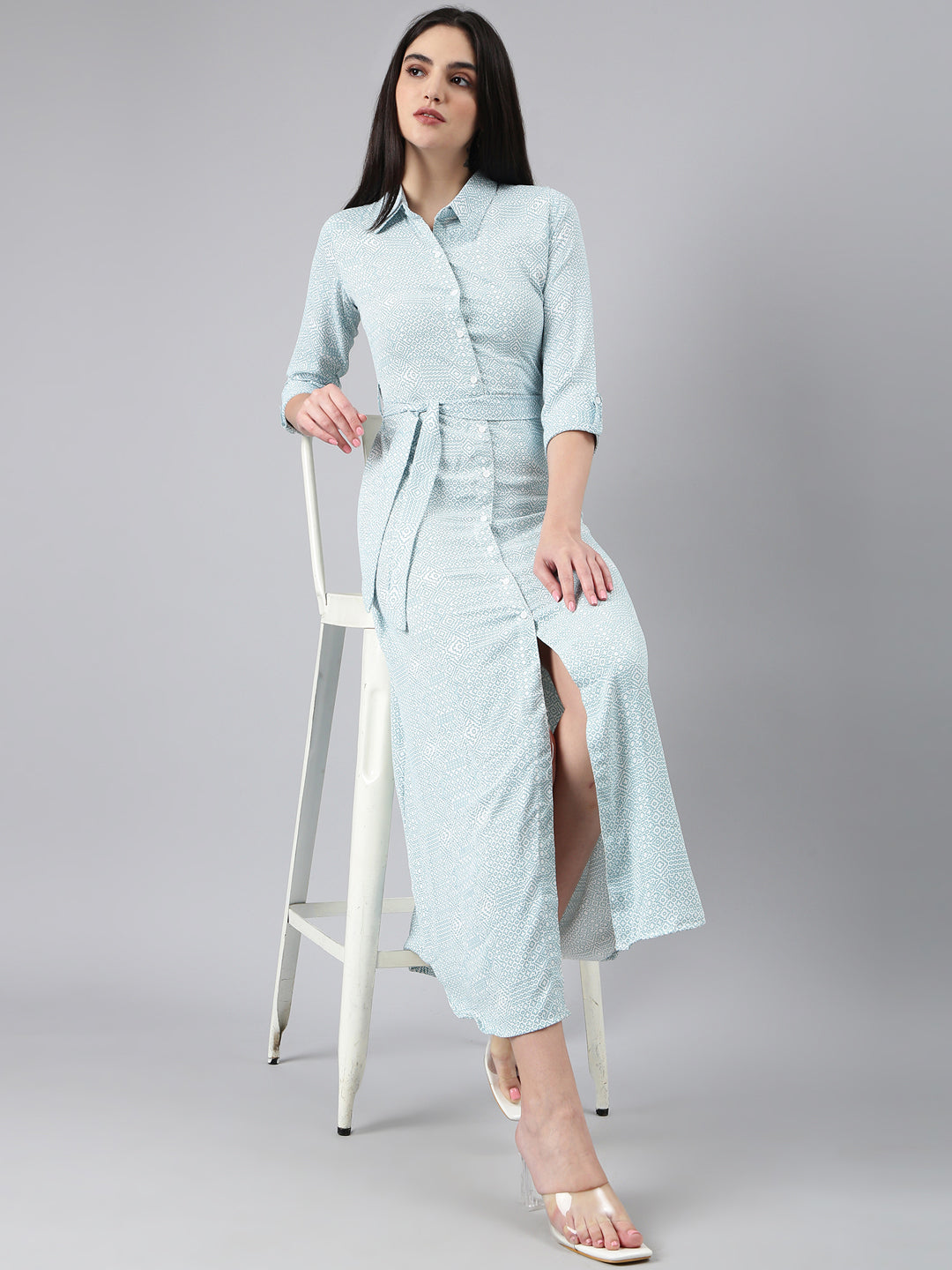 Women's White Geometric Printed Shirt Collar Roll-Up Sleeves Belted Midi Shirt Dress