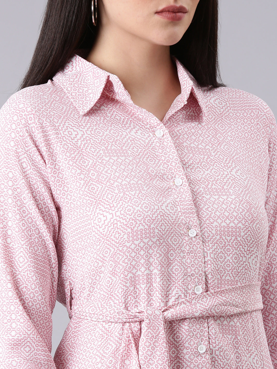 Women's White Geometric Printed Shirt Midi Dress