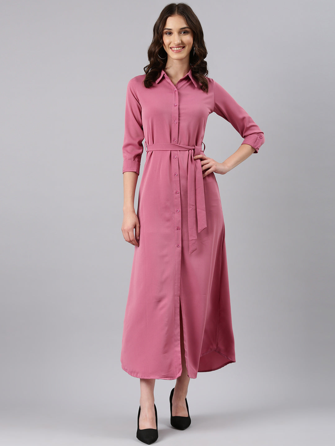 Women's Mauve Belted Georgette Shirt Style Midi Dress
