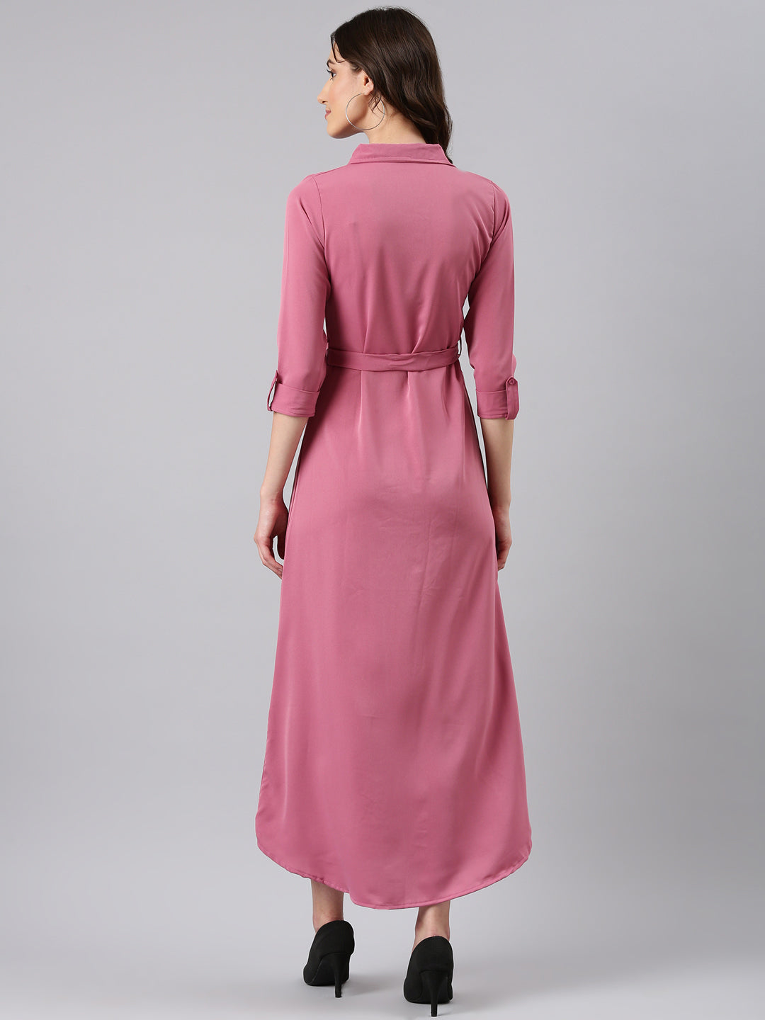 Women's Mauve Belted Georgette Shirt Style Midi Dress
