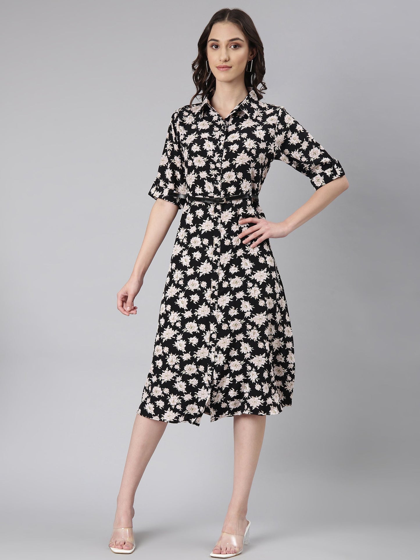 Women's Black Floral Printed Shirt Midi Dress