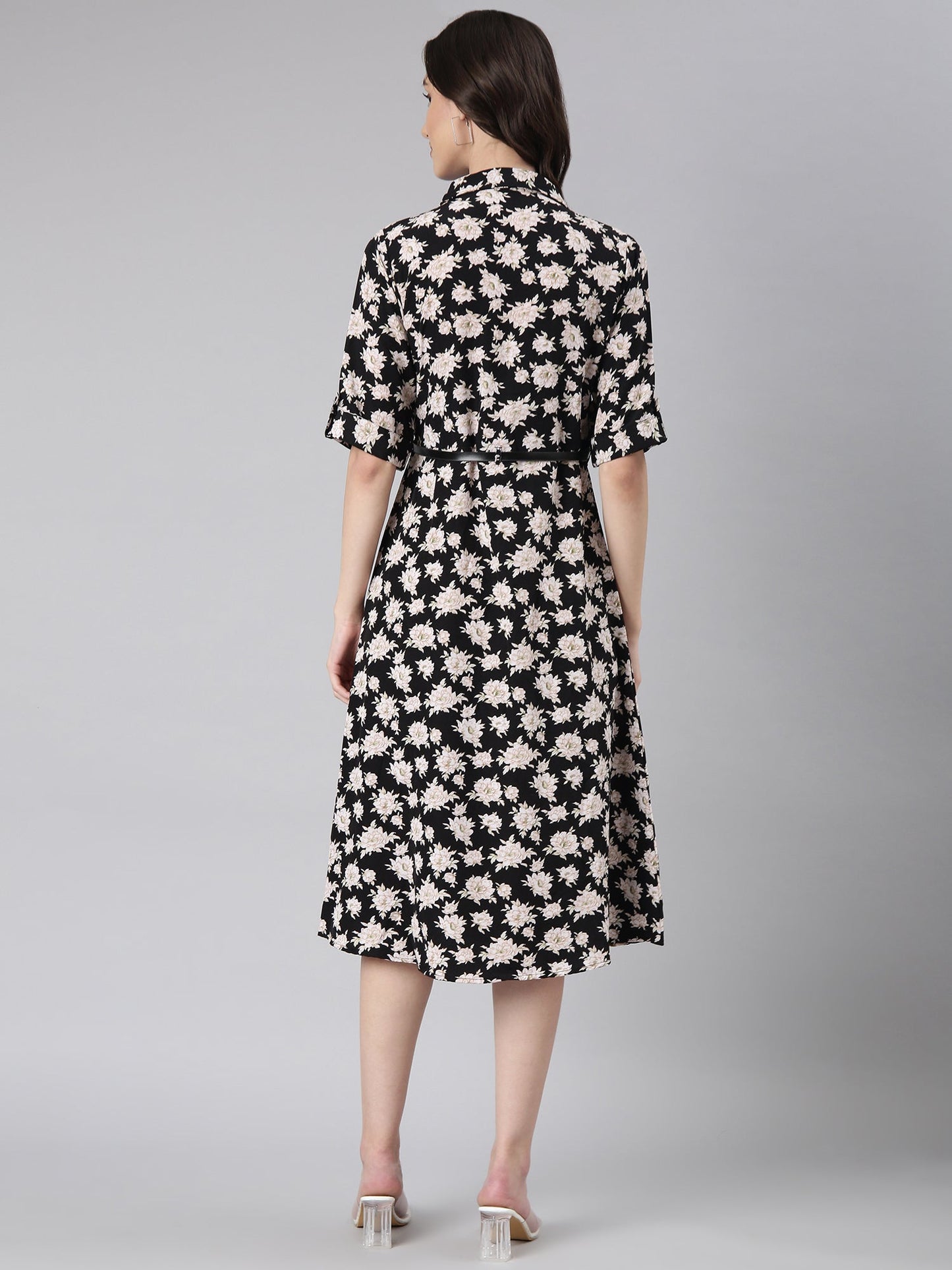 Women's Black Floral Printed Shirt Midi Dress