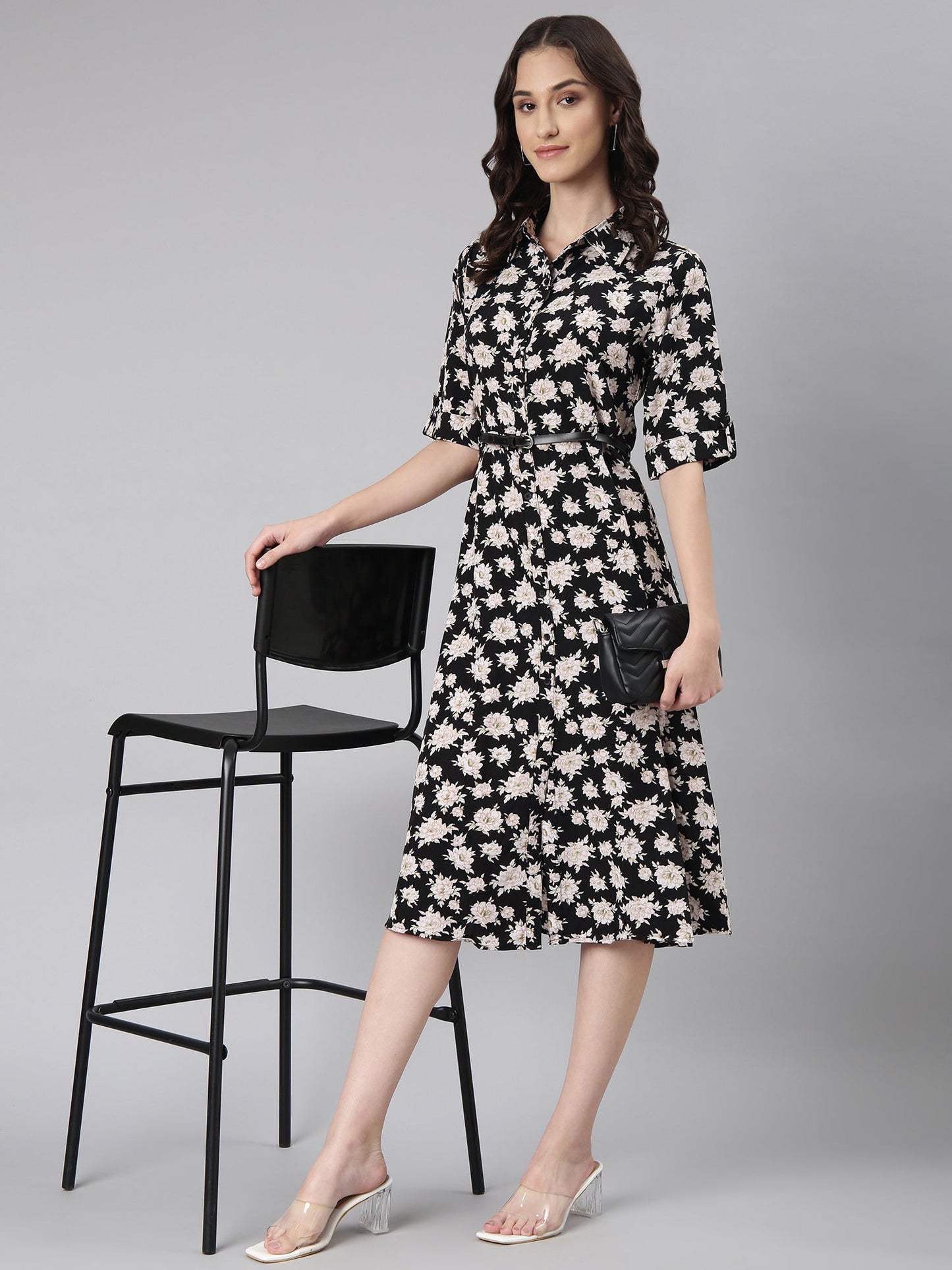 Women's Black Floral Printed Shirt Midi Dress