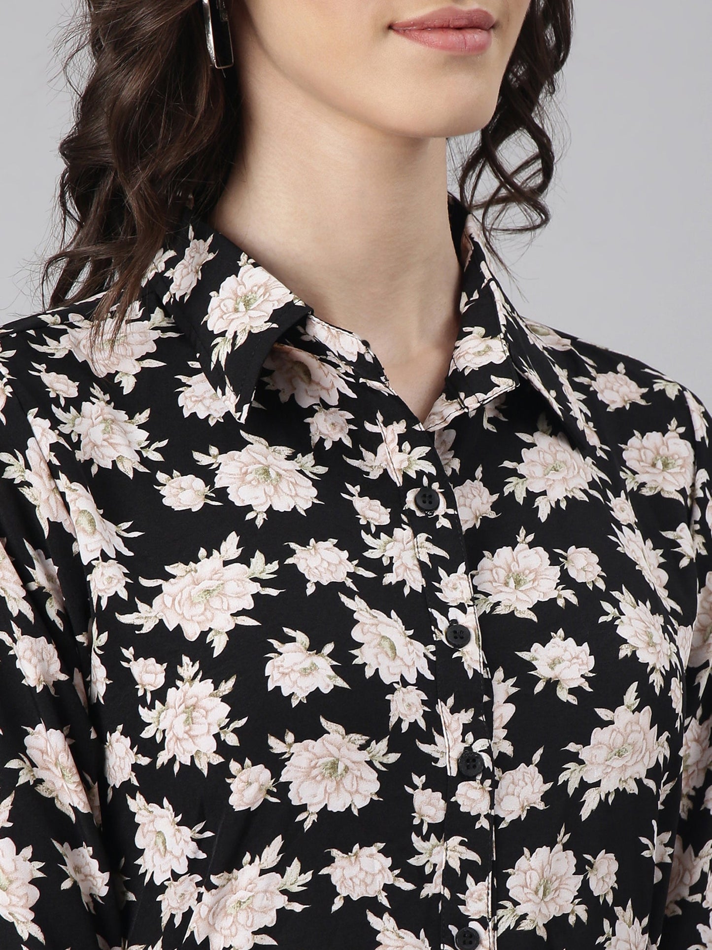 Women's Black Floral Printed Shirt Midi Dress