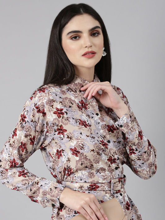 Women's Beige Floral Printed High Low Shirt Dress