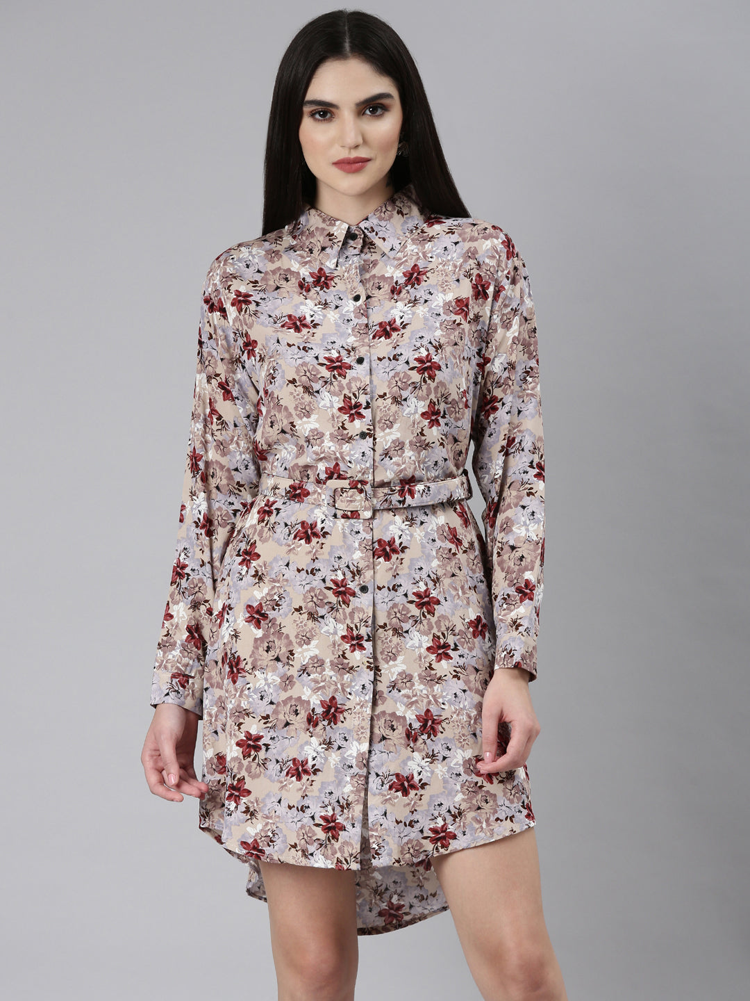 Women's Beige Floral Printed High Low Shirt Dress