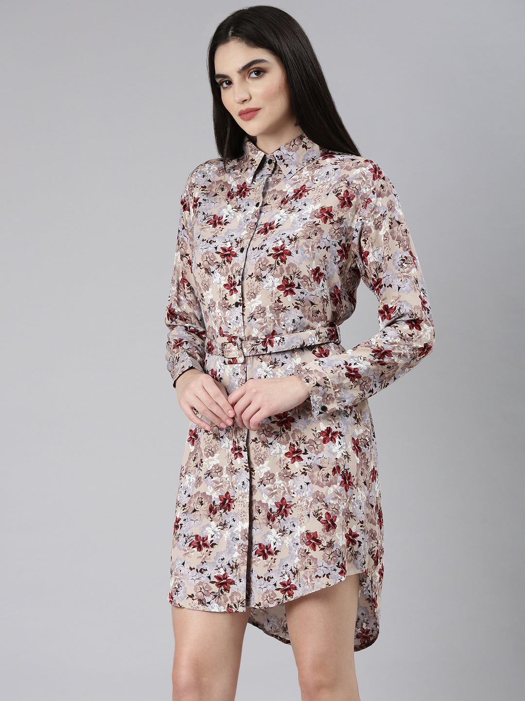 Women's Beige Floral Printed High Low Shirt Dress