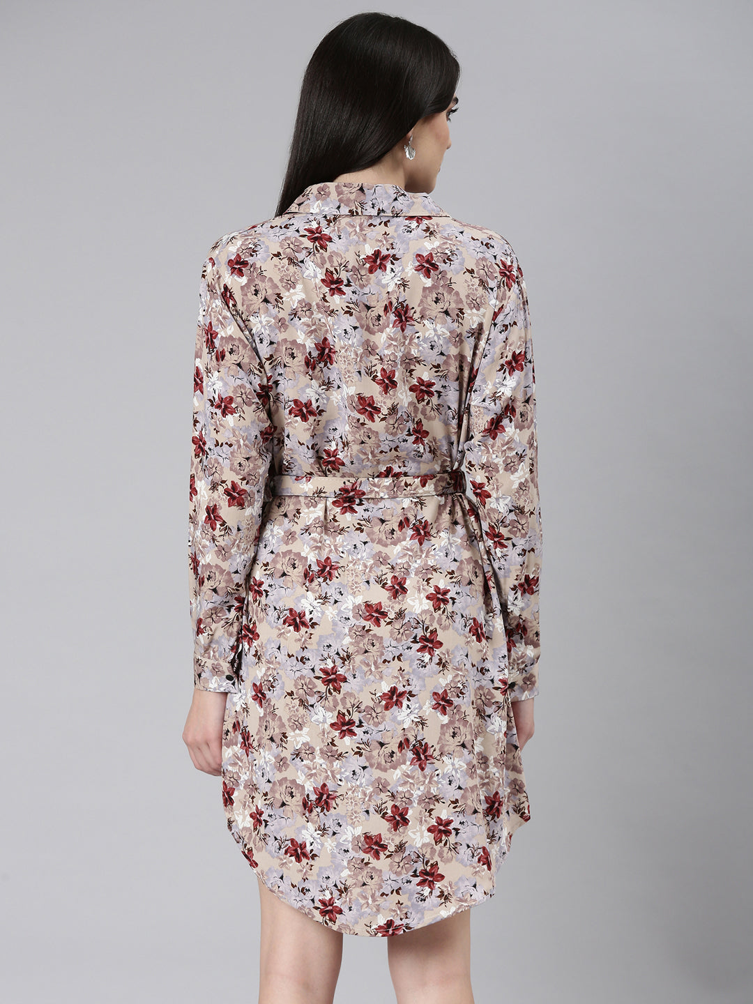 Women's Beige Floral Printed High Low Shirt Dress