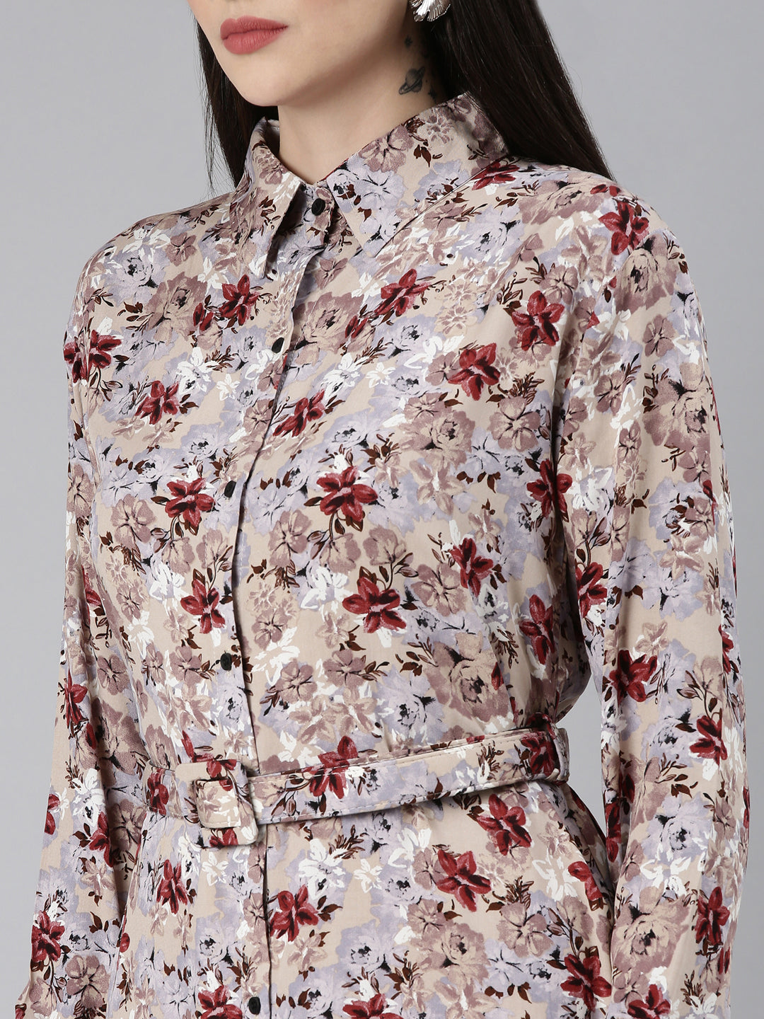 Women's Beige Floral Printed High Low Shirt Dress