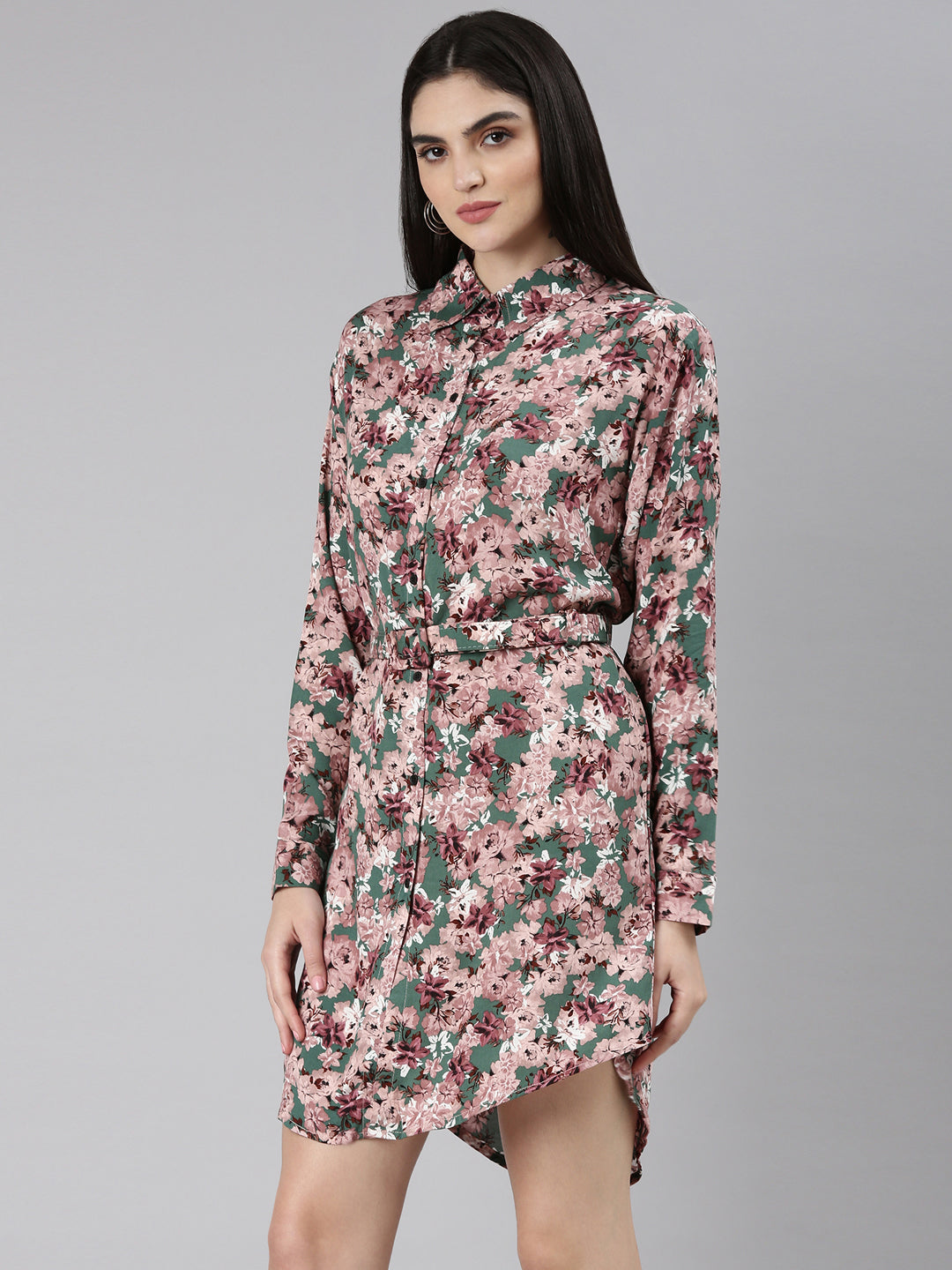 Women's Green Floral Printed Shirt Dress