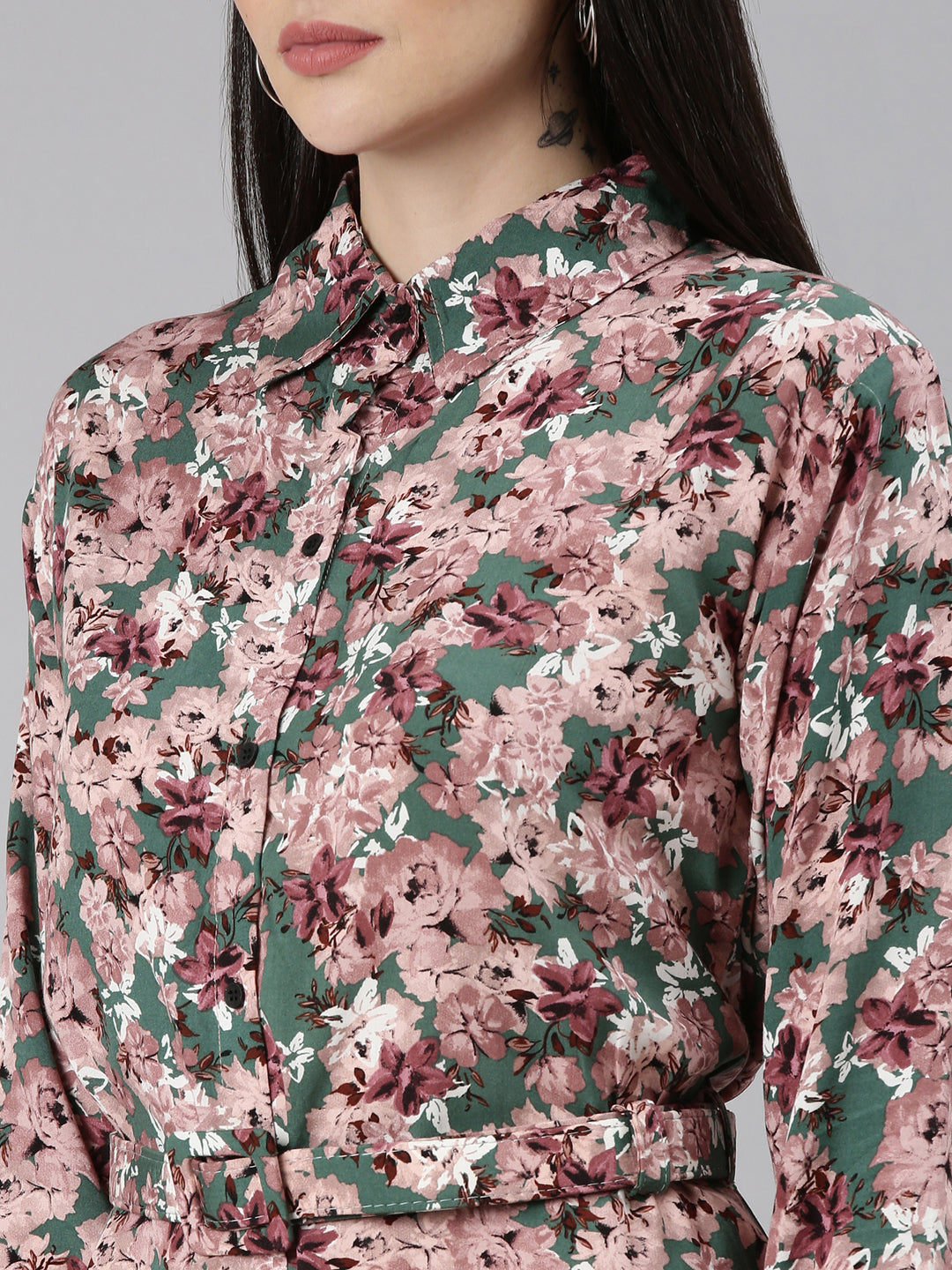 Women's Green Floral Printed Shirt Dress