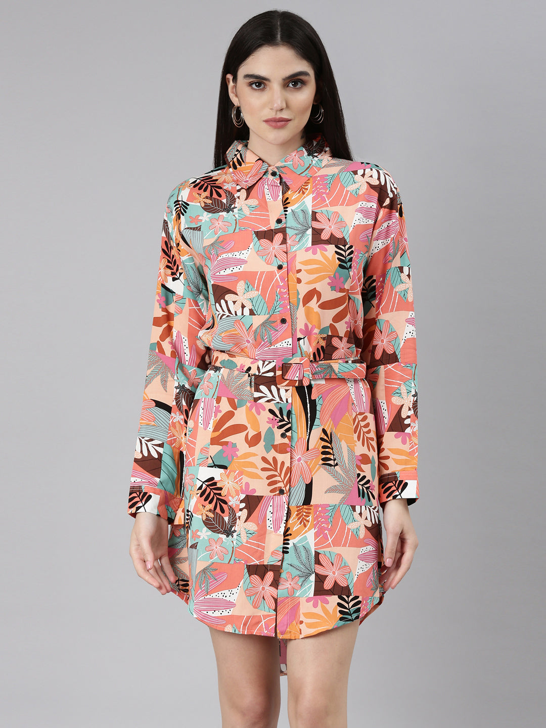 Women's Peach Floral Printed Belted Crepe Shirt Style Dress
