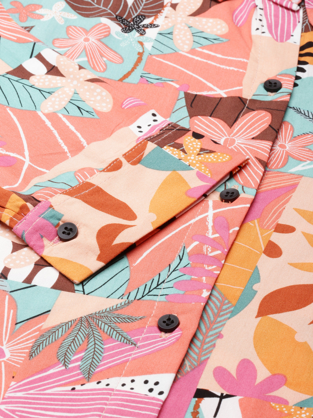 Women's Peach Floral Printed Belted Crepe Shirt Style Dress