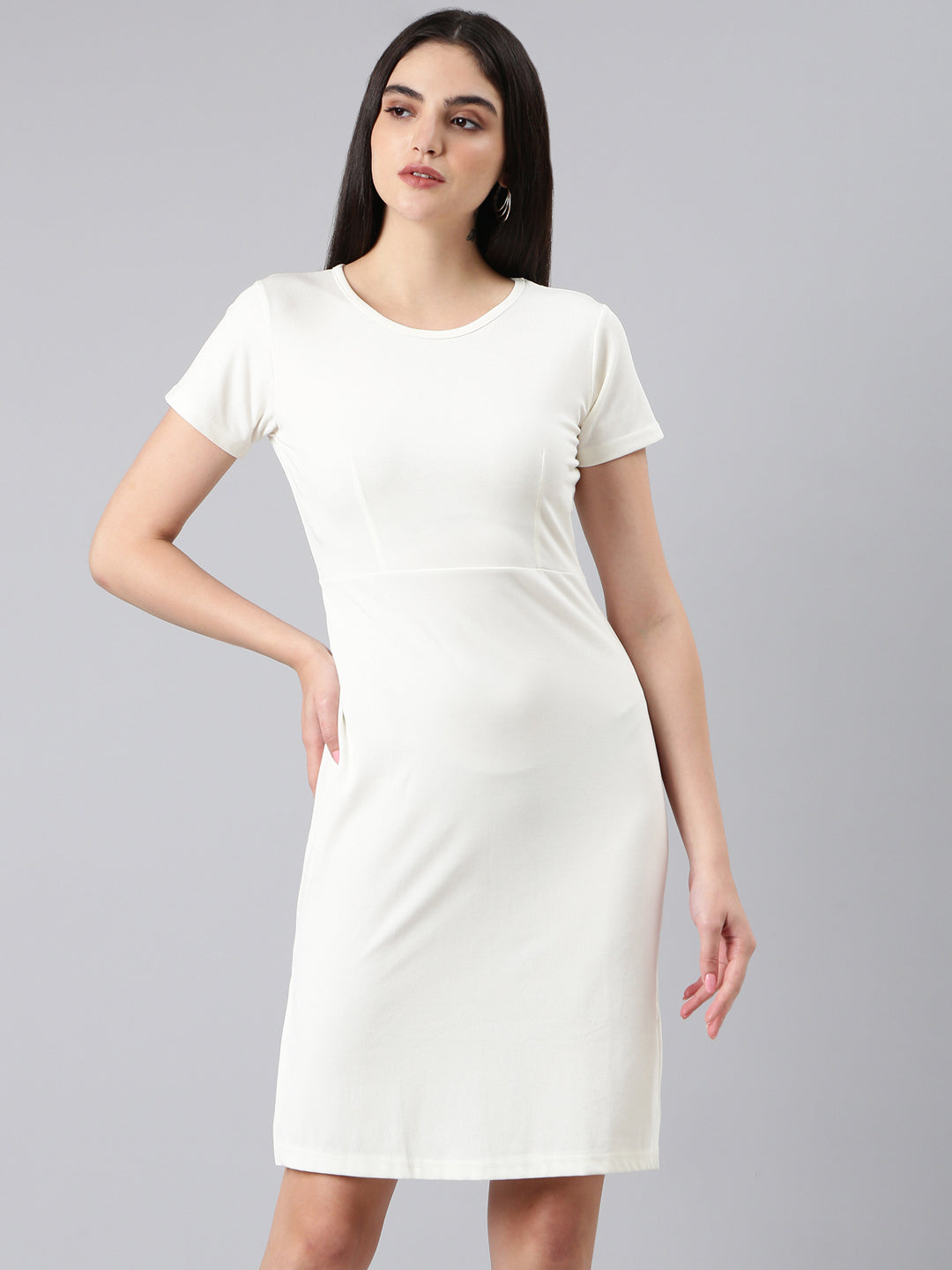 Women's White Round Neck Sheath Dress