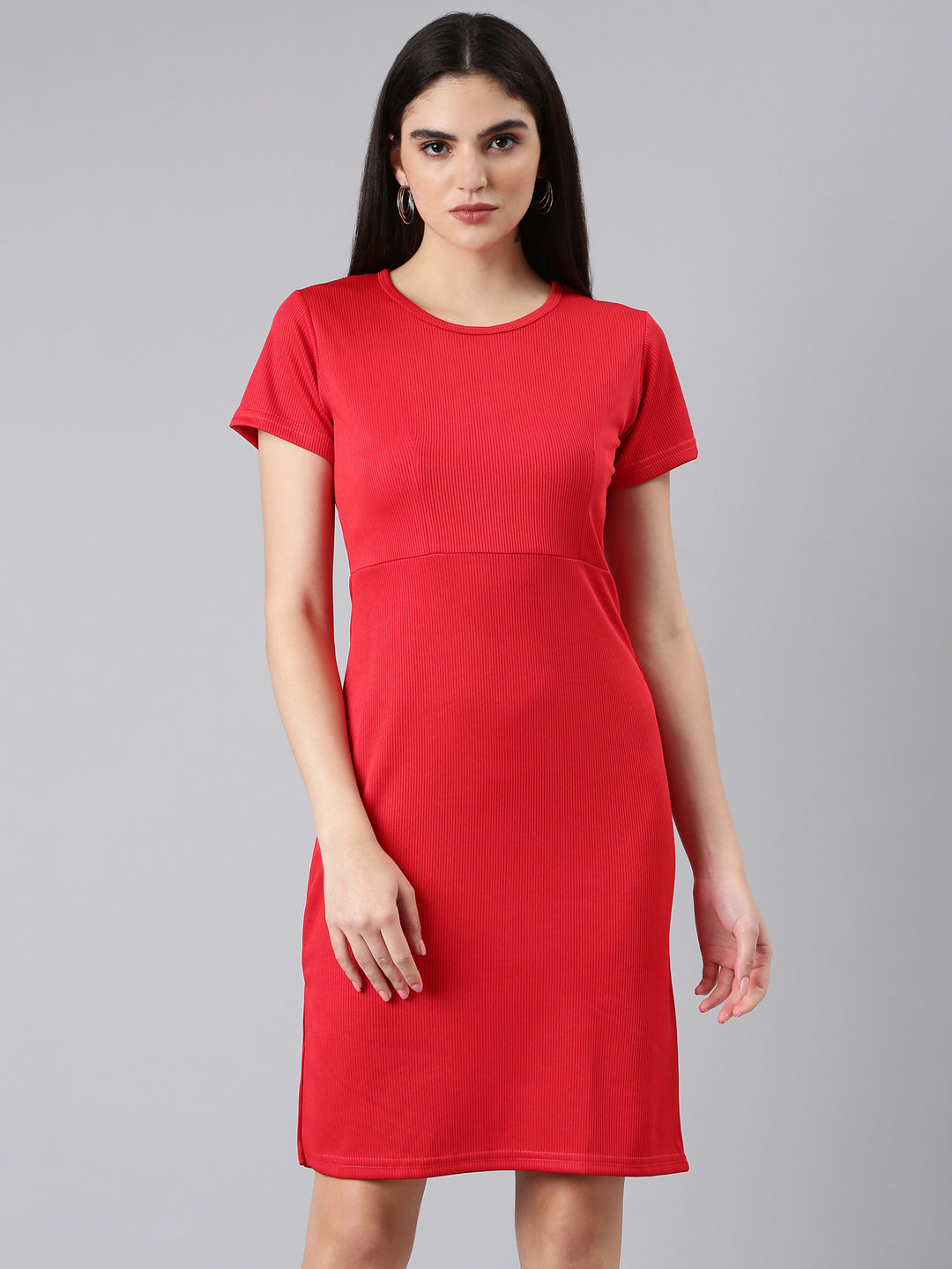 Women's Red Round Neck Sheath Dress