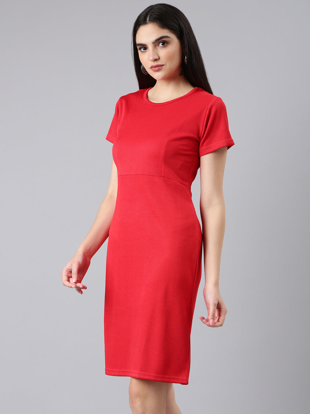 Women's Red Round Neck Sheath Dress