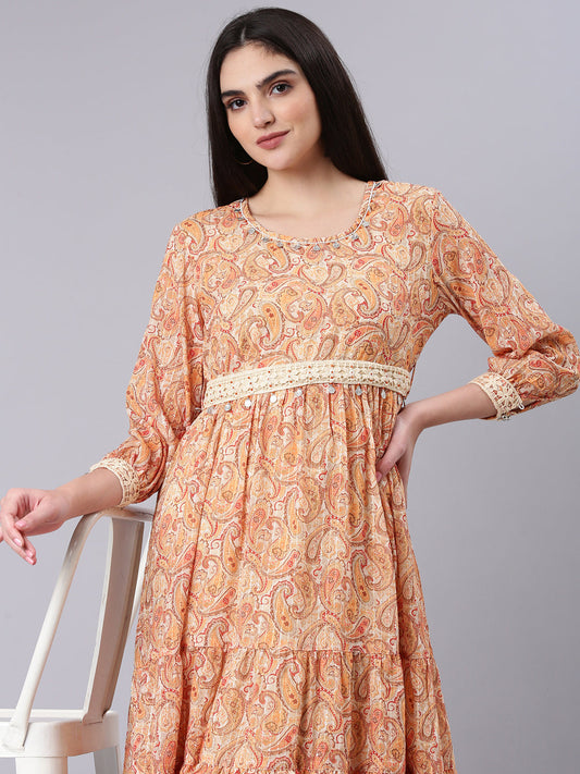 Women's Beige Ethnic Motifs Print Georgette Empire Midi Dress