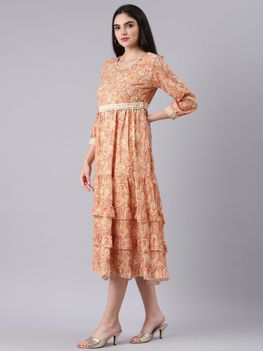 Women's Beige Ethnic Motifs Print Georgette Empire Midi Dress