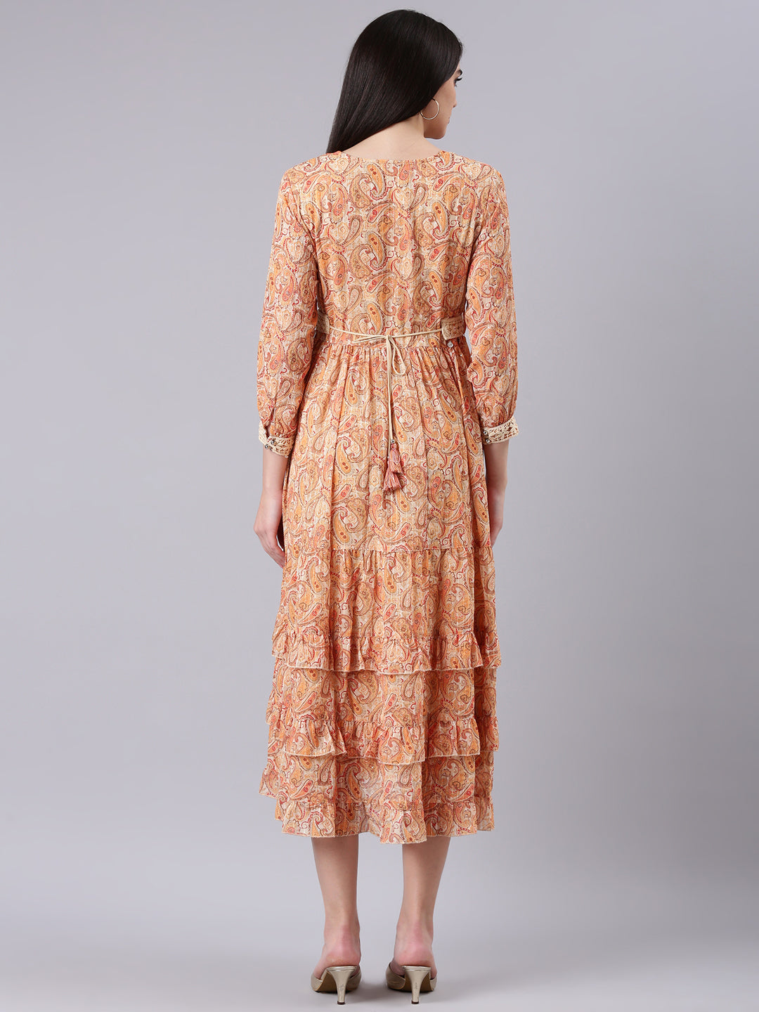 Women's Beige Ethnic Motifs Print Georgette Empire Midi Dress