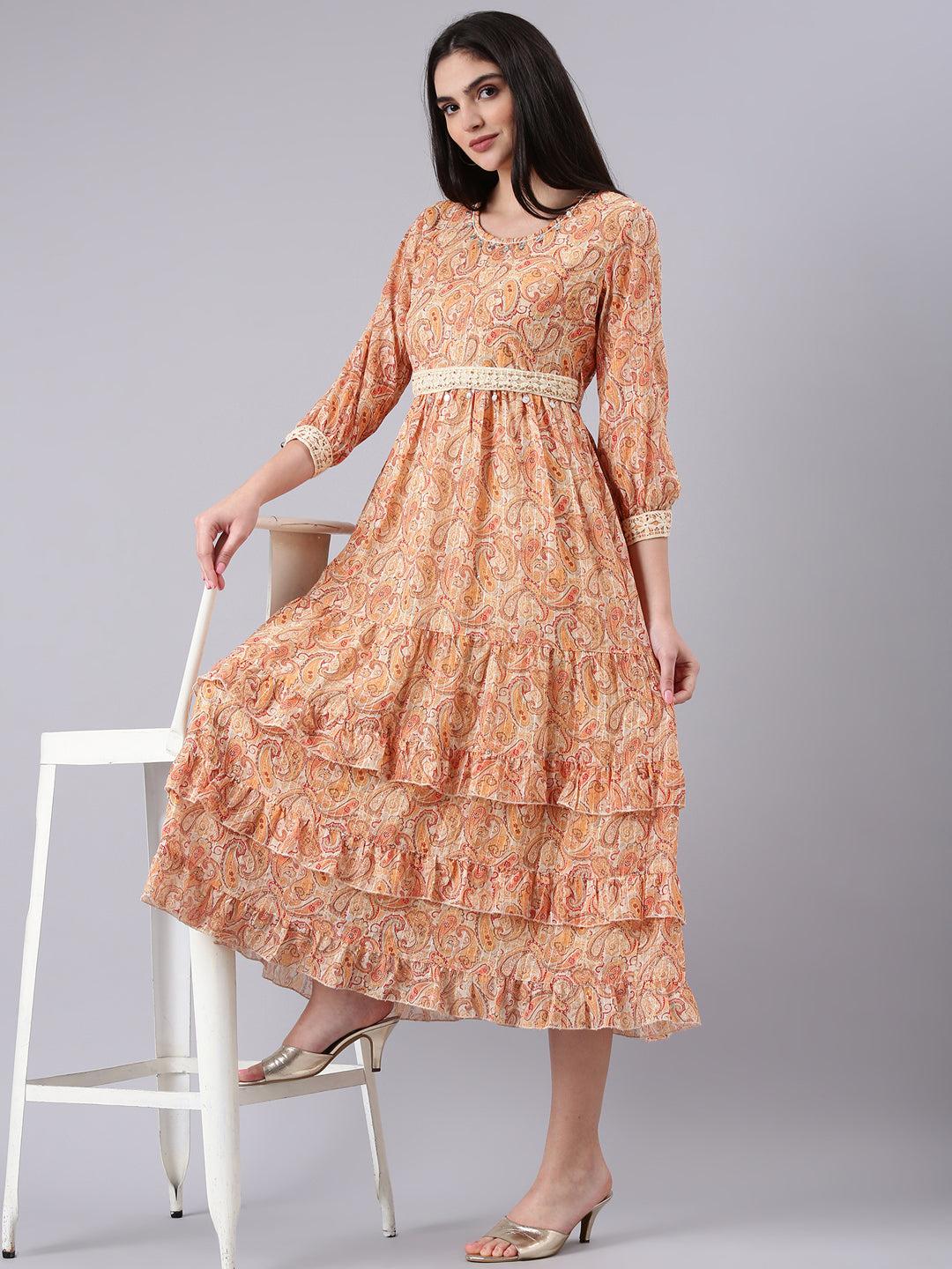 Women's Beige Ethnic Motifs Print Georgette Empire Midi Dress