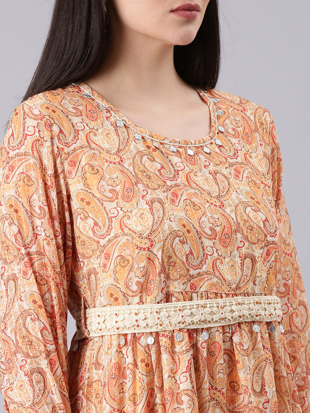 Women's Beige Ethnic Motifs Print Georgette Empire Midi Dress