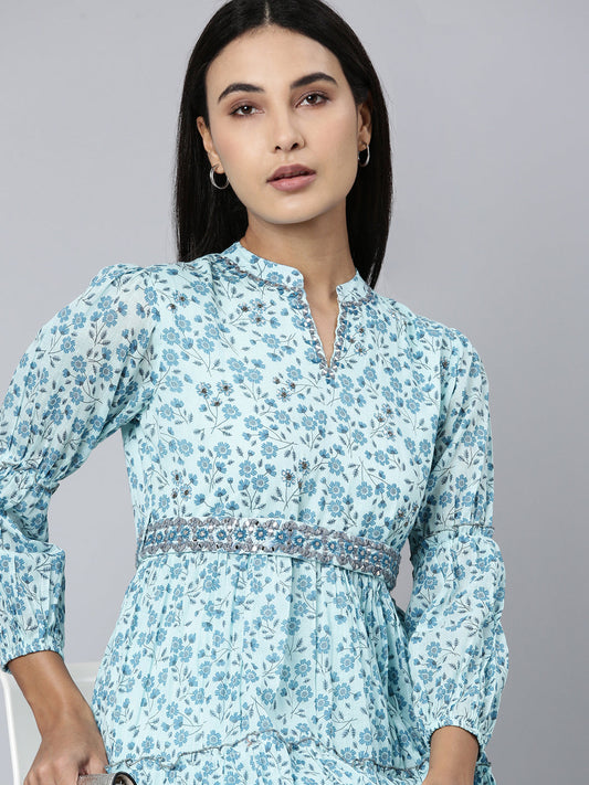 Women's Blue Floral Printed Mandarin Collar Puff Sleeve Cotton Fit and Flare Dress
