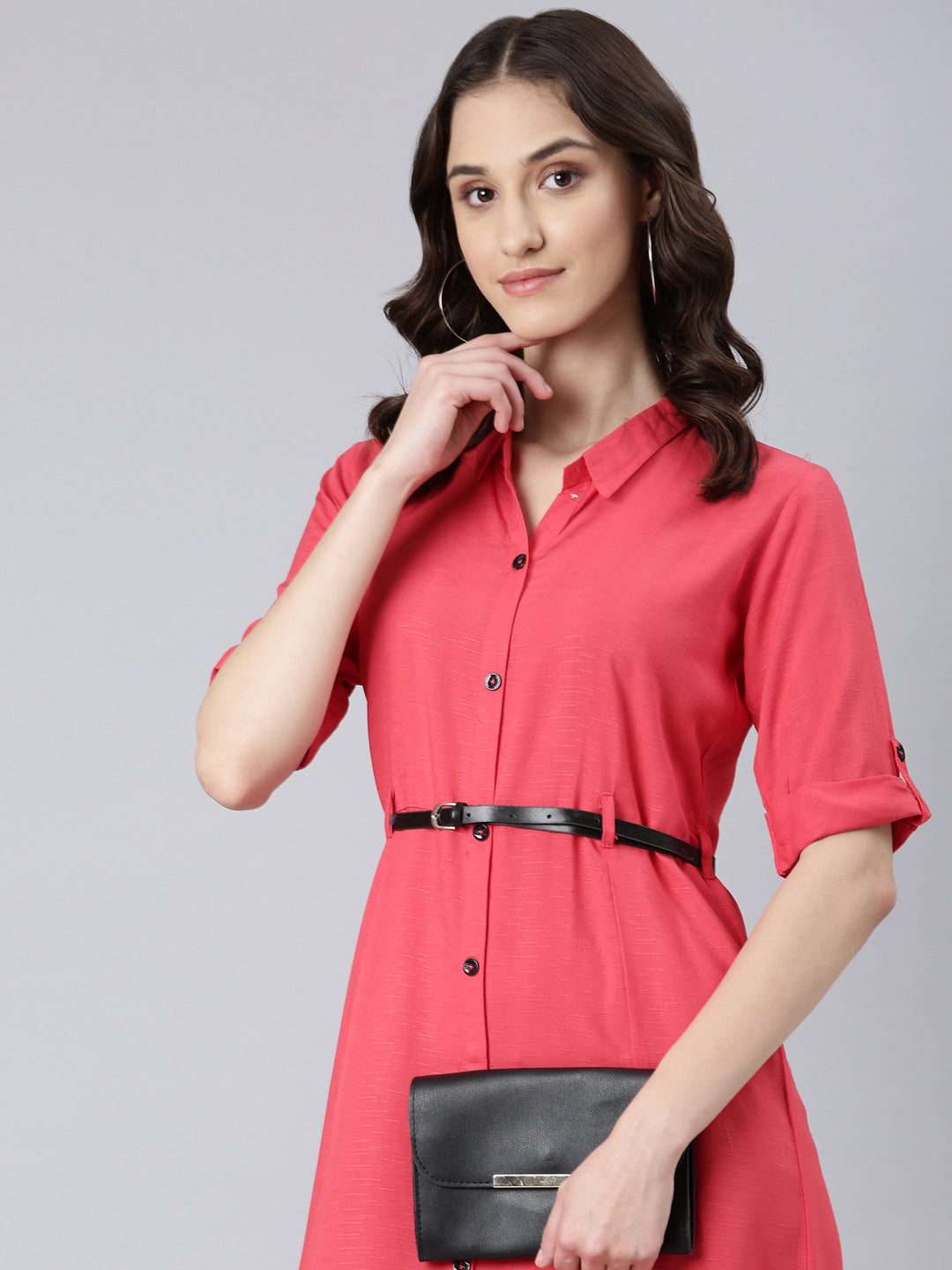 Women's Peach Shirt Collar Roll-Up Sleeves Shirt Midi Dress With Belted