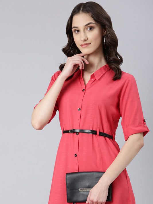 Women's Peach Shirt Collar Roll-Up Sleeves Shirt Midi Dress With Belted