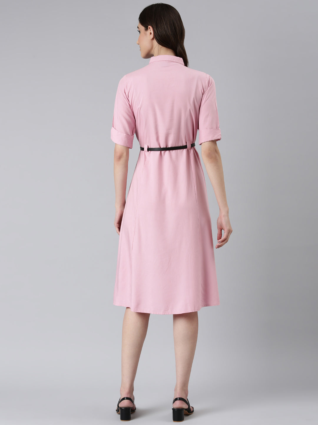 Women's Pink Shirt Collar A-Line Dress With Belt